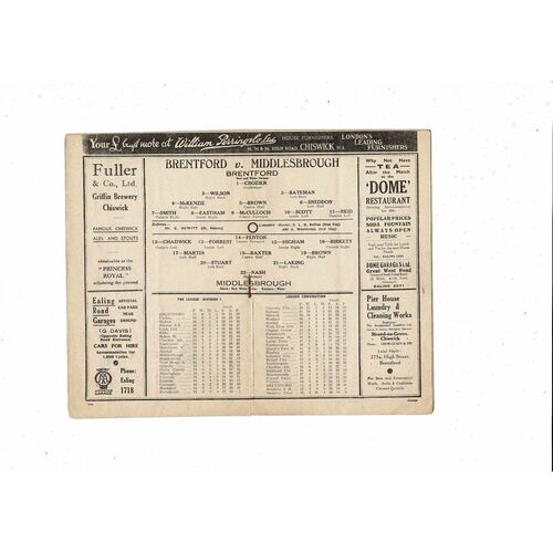 1937/38 Brentford v Middlesbrough Football Programme