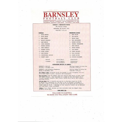 Barnsley v Manchester United Pontins League Football Programme 1992/93