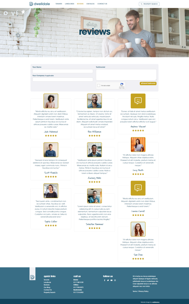 Blue and white property website design with reviews page