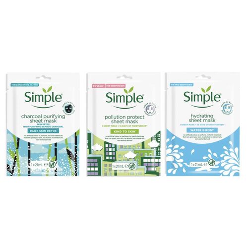 Simple Sheet Face Mask Purifying Charcoal, Hydrating or Anti Pollution