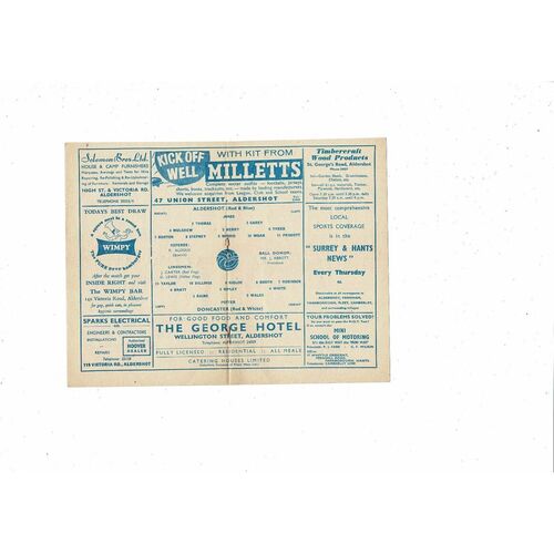 1962/63 Aldershot v Doncaster Rovers Football Programme