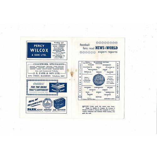 1956/57 Blackburn Rovers v Lincoln City Football Programme