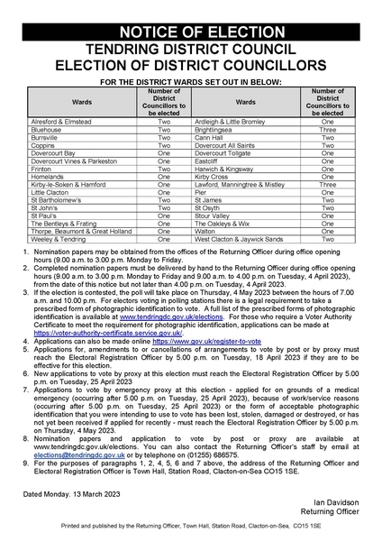 NOTICE OF ELECTION: Tendring District Council, Election of District Councillors