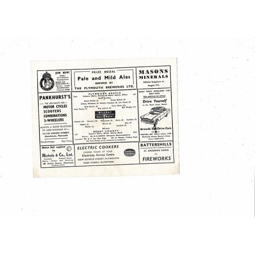 1959/60 Plymouth Argyle v Derby County Football Programme