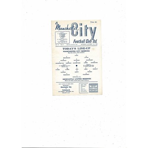 Manchester City v Newcastle United Central League Football Programme 1958/9