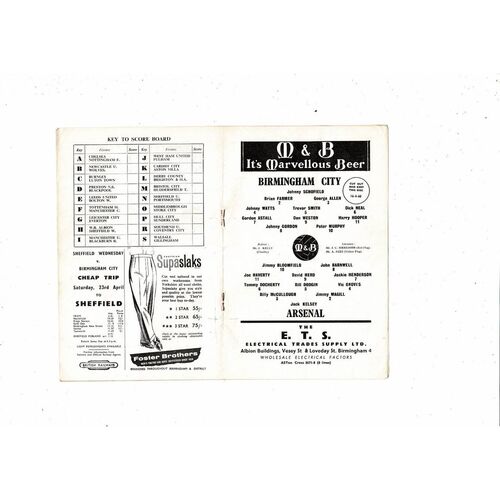 1959/60 Birmingham City v Arsenal Football Programme