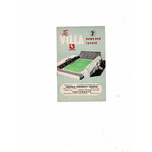 1955/56 Aston Villa v Portsmouth Football Programme + Sheffield Wednesday Reserves