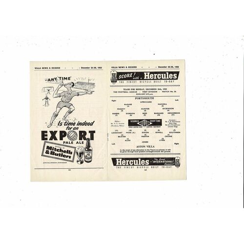 1955/56 Aston Villa v Portsmouth Football Programme + Sheffield Wednesday Reserves
