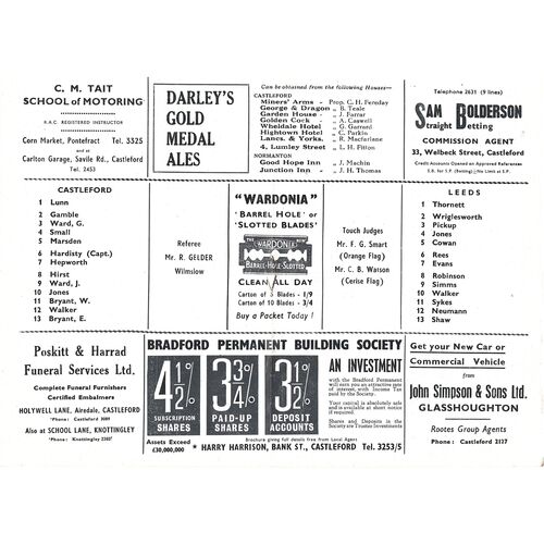 1962/63 Castleford v Leeds (09/02/1963) Rugby League Challenge Cup First Round Rugby League Programme