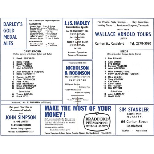 1968/69 Castleford v Leeds (01/03/1969) Rugby League Challenge Cup Third Round Rugby League Programme