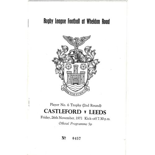 1971/72 Castleford v Leeds (26/01/1971) Player No. 6 Trophy, Second Round, Rugby League Programme