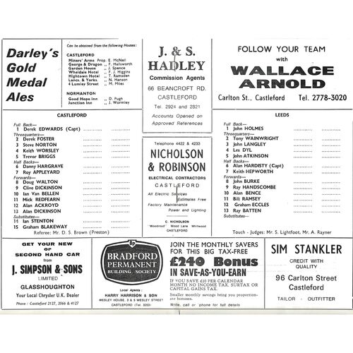 1971/72 Castleford v Leeds (26/01/1971) Player No. 6 Trophy, Second Round, Rugby League Programme