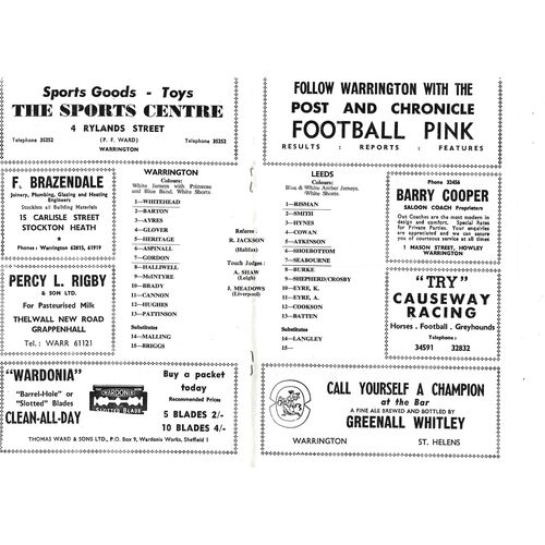 1969/70 Warrington v Leeds (21/02/1970) Rugby League Challenge Cup, 2nd Round Rugby League Programme