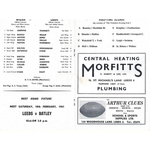 1960/61 Leeds v Wigan (11/02/1961) Rugby League Challenge Cup, First Round Rugby League Programme
