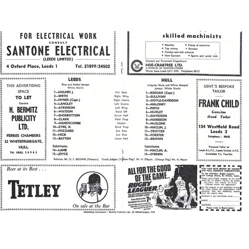 1969/70 Leeds v Hull (30/08/1969) Yorkshire County Cup, Semi Final Rugby League Programme