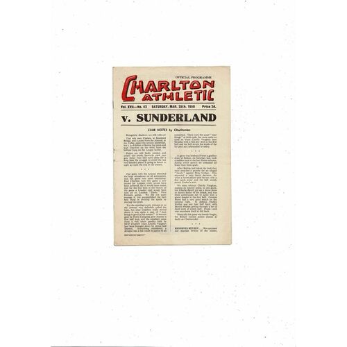 1949/50 Charlton Athletic v Sunderland Football Programme