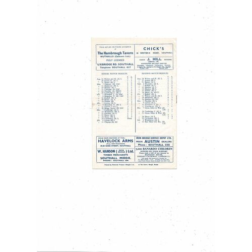 1957/58 Southall v Leyton Football Programme