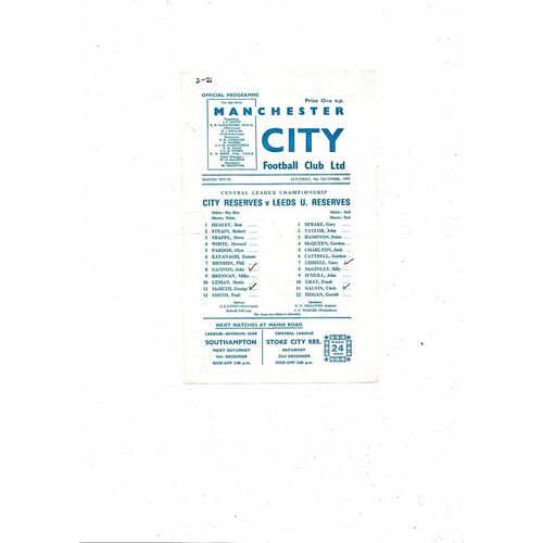 Manchester City v Leeds United Central League Football Programme 1972/73