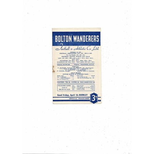1953/54 Bolton Wanderers v Burnley Football Programme