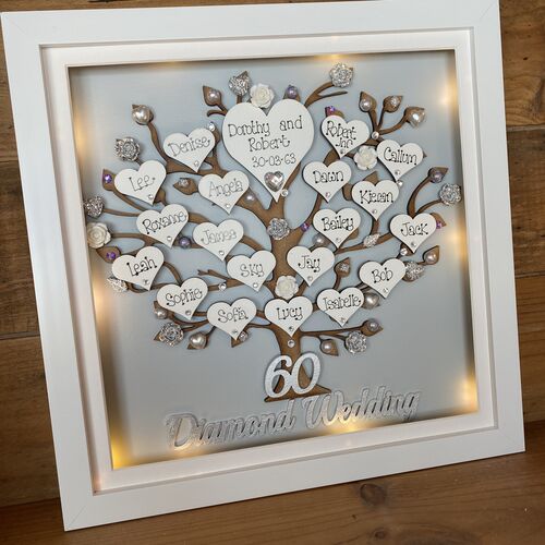 Personalised Wedding Anniversary Gift – Custom Family Tree Frame with Names, Pearls & Optional Lights