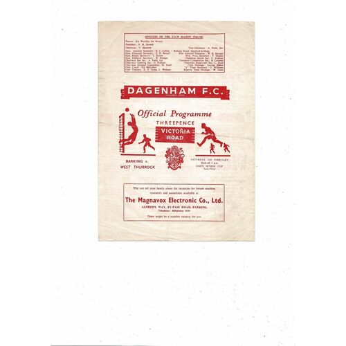 1966/67 Barking v West Thurrock Essex Senior Cup Semi Final Programme @ Dagenham