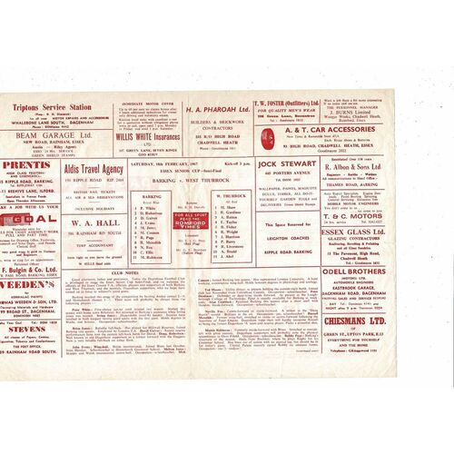 1966/67 Barking v West Thurrock Essex Senior Cup Semi Final Programme @ Dagenham