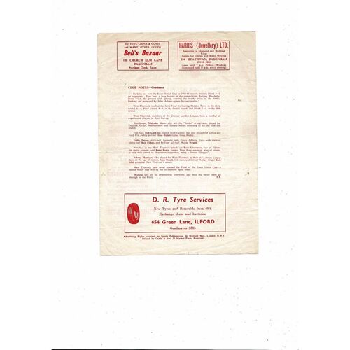 1966/67 Barking v West Thurrock Essex Senior Cup Semi Final Programme @ Dagenham