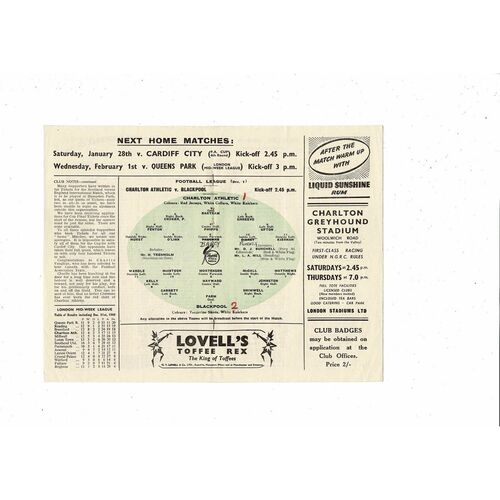 1949/50 Charlton Athletic v Blackpool Football Programme