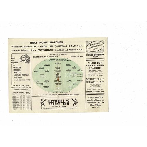 1949/50 Charlton Athletic v Cardiff City Football Programme