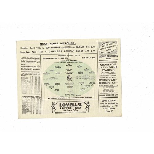 1949/50 Charlton Athletic v Stoke City Football Programme - 8th April
