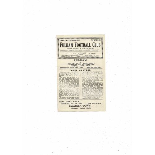1945/46 Fulham v Charlton Athletic Football Programme