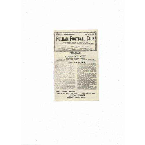 1945/46 Fulham v Coventry City Football Programme