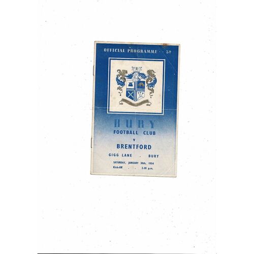 1953/54 Bury v Brentford Football Programme
