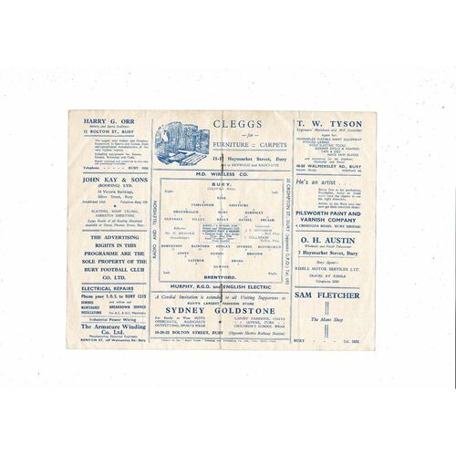 1953/54 Bury v Brentford Football Programme