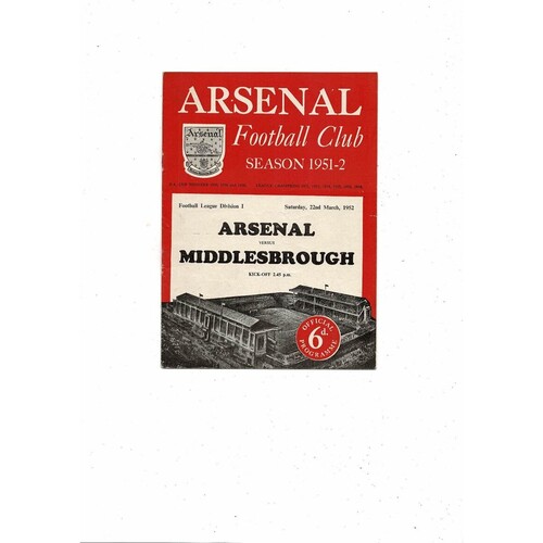 1951/52 Arsenal v Middlesbrough Football Programme