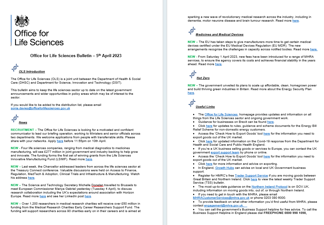 Office for Life Sciences Bulletin 5th April 2023