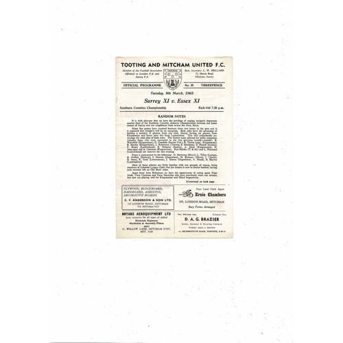 Surrey v Essex Southern Counties Championship Football Programme 1964/65