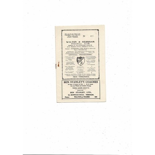 1961/62 Walton & Hersham v Southall Football Programme