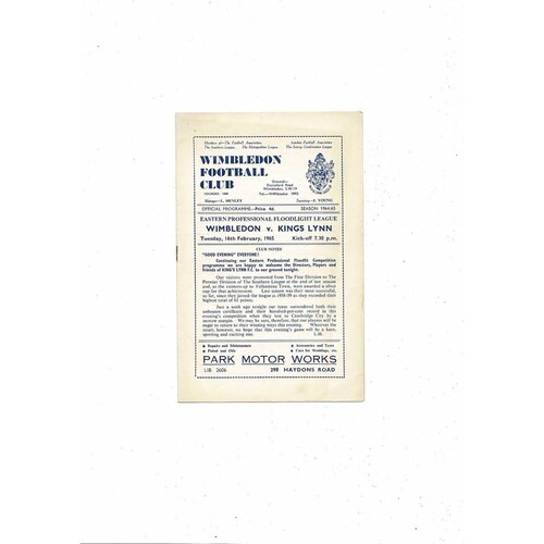1964/65 Wimbledon v Kings Lynn Eastern Floodlight League Football Programme