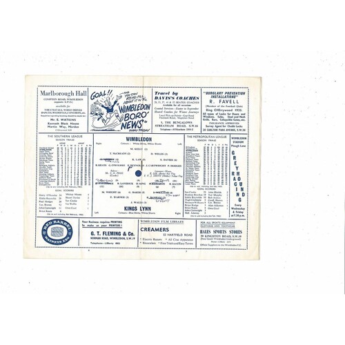 1964/65 Wimbledon v Kings Lynn Eastern Floodlight League Football Programme