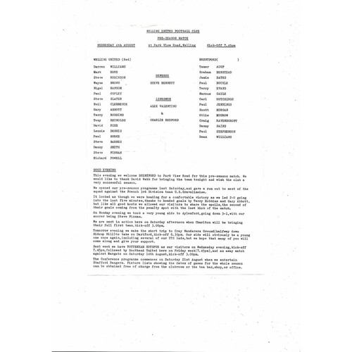 Welling United v Brentford Friendly Football Programme 1993/94