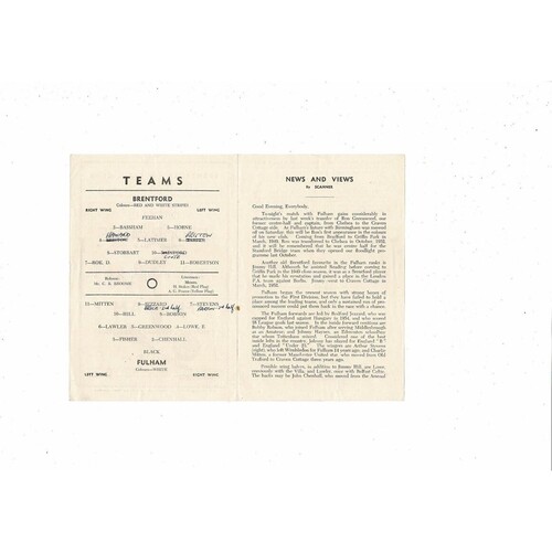 Brentford v Fulham Friendly Football Programme 1954/55