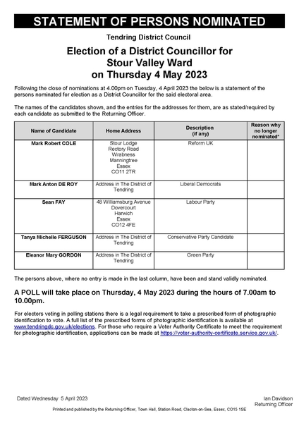 District Council Elections 4th May 2023 - Statement of Persons Nominated for Stour Valley Ward