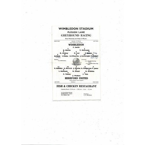 1966/67 Wimbledon v Hereford United Football Programme