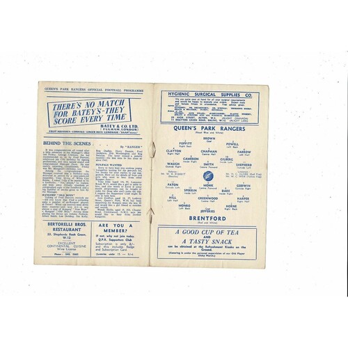 1951/52 Queens Park Rangers v Brentford Football Programme