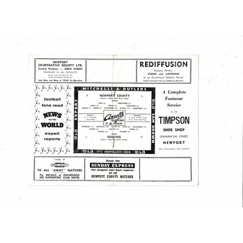 1959/60 Newport County v Reading Football Programme
