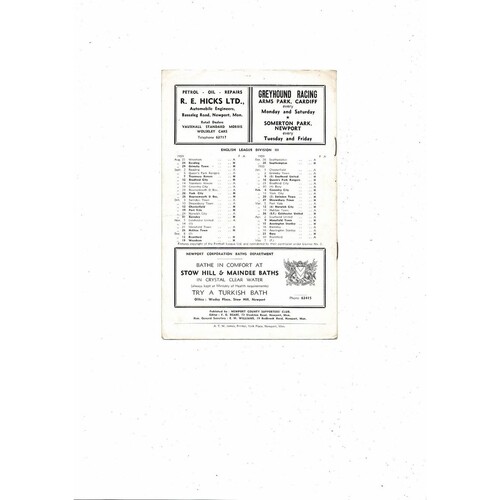 1959/60 Newport County v Reading Football Programme