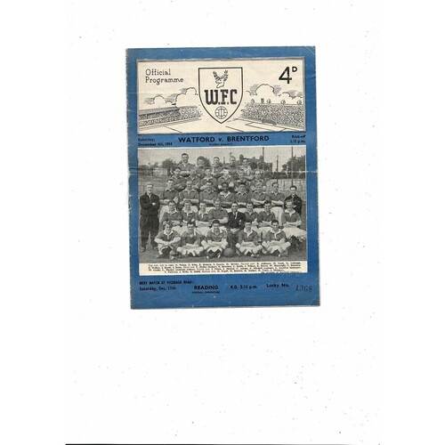 1954/55 Watford v Brentford Football Programme