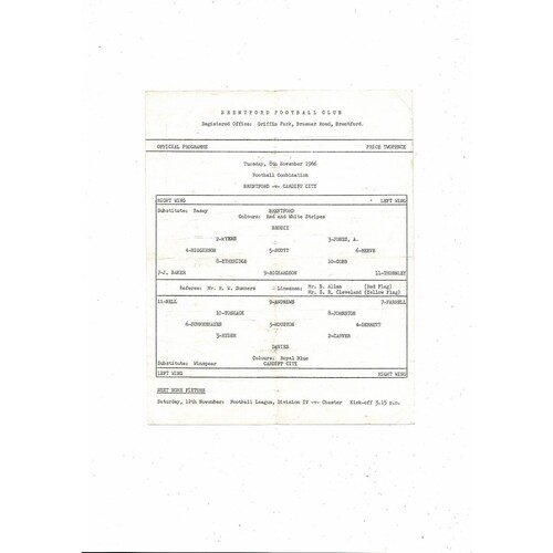 Brentford v Cardiff City Football Combination Programme 1966/67