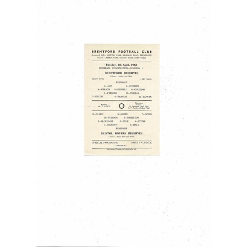 Brentford v Bristol Rovers Football Combination Programme 1960/61